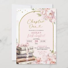 a pink and gold graduation party card with books on the front, flowers in the background