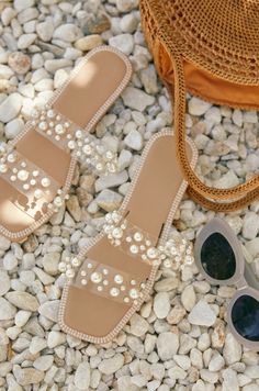 Shop Clear Slip On Faux Pearl Sandals at MISSLOLA.COM Adjustable Flat Synthetic Jelly Sandals, Adjustable Flat Jelly Sandals In Synthetic Material, Clear Slides, Shoe Model, Pearl Sandals, Miss Lola, Pearl Studs, Bold Fashion, Warm Weather