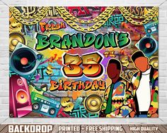 a birthday party poster with djs and music equipment on the wall in front of it