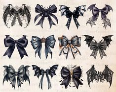 an image of different bows and wings in black and white colors on a piece of paper