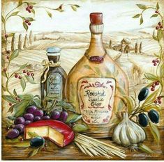 a painting of wine and cheese on a table