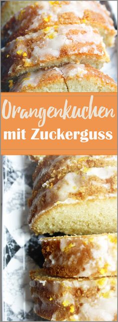 an orange cake with white icing on top and the words orange kuchen mit zuckergruss