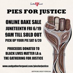 a poster advertising pies for justice with an image of a hand holding a knife