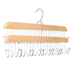 three wooden hangers with hooks on them