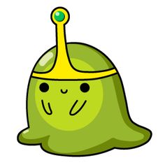 a green cartoon character with a yellow crown on his head