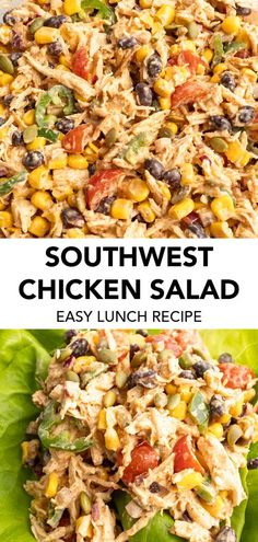 southwest chicken salad with lettuce and black beans in the middle, on top of lettuce leaves