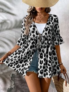 Fashionable Casual Leopard Print Loose Waist Ruffle Sleeve Blouse Shirt, Suitable For Vacation Black Casual  Half Sleeve Woven Fabric All Over Print,Textured Pattern Shirt Non-Stretch  Women Clothing, size features are:Bust: ,Length: ,Sleeve Length: