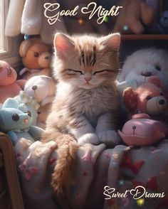 a cat sitting on top of a bed surrounded by stuffed animals