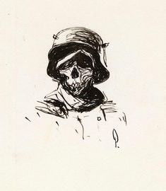 a black and white drawing of a person with a skull on it's face