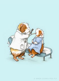 a drawing of two hamsters having their teeth brushed by a doctor on a blue background