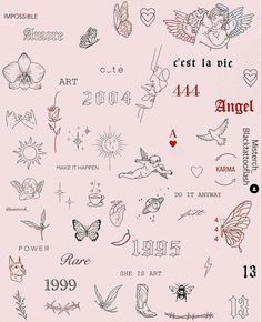 the back side of a pink sheet with tattoos on it and numbers in different languages