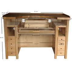 a wooden desk with measurements for the top and bottom drawers on each side is shown