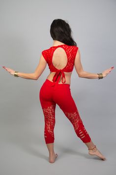 "ATS Red lace leggings for women. These boho-hippie pants are wonderful for tribal fusion and belly dance, for festivals and many more occasions. ❀ Leggings Features: ✓ Made from 95% natural cotton and 5% lycra fabric. ✓ Soft and strong stretchy lace. ✓ Bottom slits. ✓ Seven-eighths length. ✓ Comfortable elastic at the waistline. Stands on its own and can also be matched with a mini skirt > https://etsy.me/2C6Yzsv Matching top > https://www.etsy.com/listing/693767341 ❀ Sizes: ⌛ Waist- smal Boho Hippie Pants, Fusion Dance, Open Back Crop Top, Red Tights, Lace Leggings, Hippie Pants, Strappy Tank Tops, Long Skirts For Women, Comfortable Tops