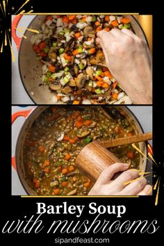 barley soup with mushrooms and carrots in a large pot, being stirred by a wooden spoon