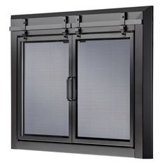 a black metal cabinet with two doors