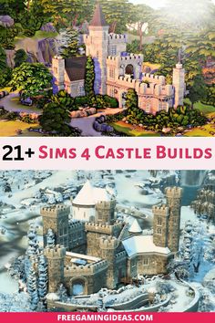 an image of a castle in the snow with text overlay that reads 21 + sims 4 castle buildings