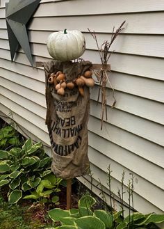 a bag full of mushrooms sitting on top of a wooden pole next to a house