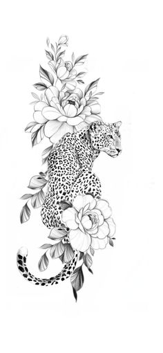 a black and white drawing of a leopard with flowers on it's back legs