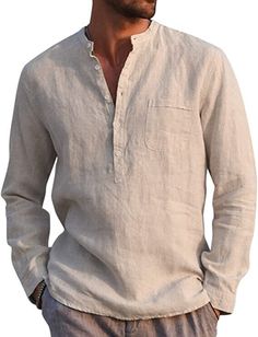 NEW W/TAG COLOR: BEIGE MEN'S SIZE L LARGE AUDATE Mens Cotton Linen Shirt Casual Long Sleeve Henley Shirt Solid Tops 75% Cotton, 25% Linen Pull On closure GRANDAD STYLE --The shirt does not have buttons down its whole length as per the standard for Grandad shirts, but rather has five white buttons from collar to chest;  the white buttons can set off and contrast the navy very well. DO WHATEVER YOU WANT -- With the shirt slipped on over the head and allow for a fully buttoned or fully opened look Mens Linen Shorts, Khaki Vest, Mens Linen, Hooded Sweatshirt Men, Henley Shirt, Mens Hooded, Men Shirt Style, Komplette Outfits, Streetwear Women