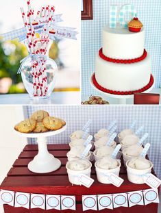 the dessert table is set up with cupcakes, cookies and marshmallows