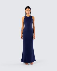 Turn heads and make waves in this navy gown 🌊 This jersey fabric dress, with its bold, deep shade, playful lace-up details, and butterfly print on the back, is the perfect look for any occasion that calls for a subtle and elegant moment 💙 Fitted Evening Maxi Dress With Lace-up Back, Fitted Maxi Dress With Lace-up Back For Evening, Blue Prom Dress With Ruched Back, Navy Sleeveless Dresses For Prom, Navy Sleeveless Prom Dresses, Blue Dresses With Back Opening For Night Out, Blue Dress With Back Opening For Night Out, Long Party Dress With Lace-up Back, Fitted Maxi Dress With Keyhole Back For Night Out