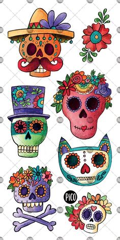 skulls with hats and flowers on their heads are shown in different colors, sizes and shapes