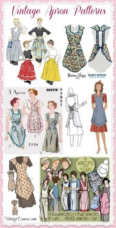 vintage apron patterns from the 1950's and 1960s's are featured in this postcard