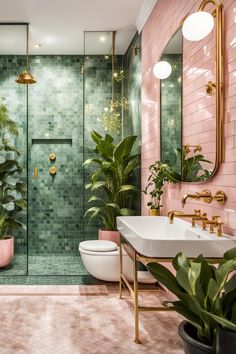 a bathroom with pink tiles and green plants in the bathtub, toilet and sink