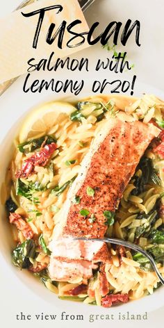 salmon with lemon orzo in a white bowl