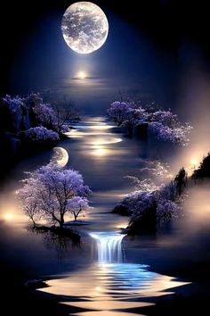 an image of the moon and trees in the night sky with water running through it