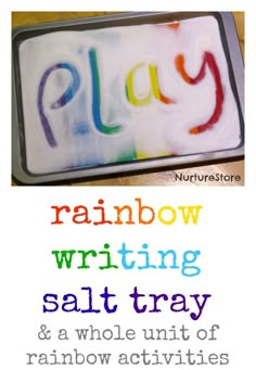 a cell phone with the words play written on it and an image of a rainbow writing salt tray