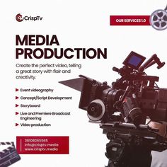 the front cover of a video production brochure with an image of a man holding a camera