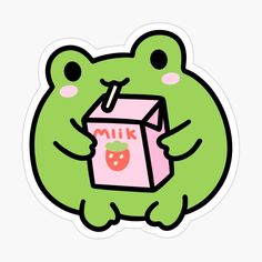 a green frog holding a milk carton sticker