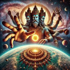 (Wide angle Top-down view image generate) in vast infinite cosmic galaxy, "Brahma with Three headed god" Grabing the solar system with his hand