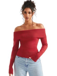 Ribbed Off Shoulder Sweater Shirt - Long Sleeve-SUUKSESS-Red-XS-SUUKSESS Over The Shoulder Sweater, Fall Tops, Stylish Sweaters, Lace Top Long Sleeve, Tops Blouse, Off Shoulder Sweater, Ribbed Knit Sweater, Tops Fall, Active Wear Leggings