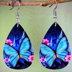 These Earrings Are Very Light Weight And Dangle 2" X 1" Wide Hot Gril, Earrings Sublimation, Butterfly Theme, Craft Room Storage, Room Storage, Blue Butterfly, Earrings Color, Teardrop Earrings, Craft Room