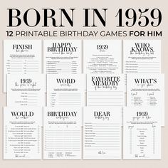 birthday games for him with the words born in 1939 printed on them and black text