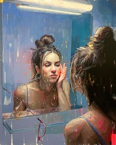 a painting of a woman looking at herself in the mirror