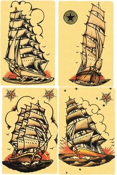 four different pictures of a ship with sails