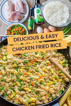 delicious and easy chicken fried rice in a skillet with ingredients to make the dish