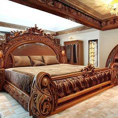 a large wooden bed sitting inside of a bedroom next to a mirror on the wall