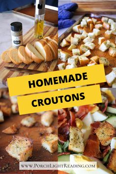 homemade croutons on a cutting board with bread