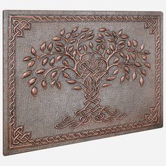 Add a touch of tradition and elegance to your kitchen with our Kitchen Backsplash Tile Tree of Life. Handmade with real copper, each copper tile showcases a beautifully detailed tree of life artwork. Its gray and metallic design brings a bespoke touch to your space, making it a one-of-a-kind addition to your home. Copper Tile Backsplash, Tree Of Life Artwork, Copper Artwork, Copper Backsplash, Copper Wall Art, Life Artwork, Kitchen Backsplash Tile, Copper Tiles, Life Kitchen