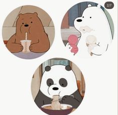 three pictures of panda bears eating food and drinking milk from a cup with a straw in it