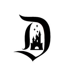 the letter d with a castle and stars on it's side, in black and white