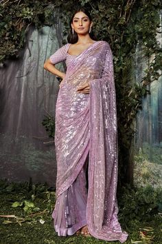 Purple Net Saree, Handwork Saree, Purple Saree, Net Saree, Elegant Saree, Blouse For Women, Saree Look, Saree With Blouse