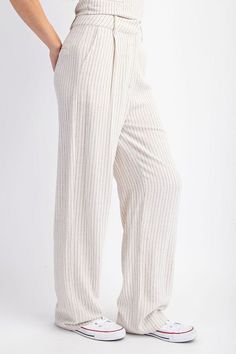 Natural Linen Pants *PRE* - STYLED BY ALX COUTUREPANTS Elegant Pinstripe Bottoms For Summer, Striped Wide Leg Linen Pants, Striped Linen Wide Leg Pants, Striped Linen Pants With Elastic Waistband, Relaxed Fit Striped Wide Leg Pants For Spring, Spring Loungewear Pants With Vertical Stripes, Chic Striped Pants For Loungewear, Casual Relaxed Fit Wide Leg Pants With Vertical Stripes, Chic Loungewear Pants With Vertical Stripes