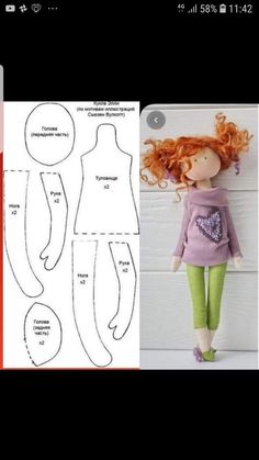 a doll with red hair and green pants next to the sewing pattern for it's top