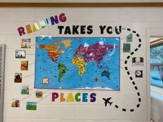 a bulletin board with the words reading takes you places