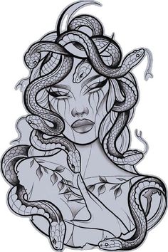 a drawing of a woman with snakes on her head and hands around her neck, in the shape of a snake